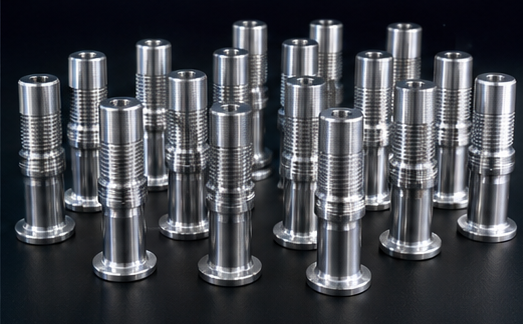 Row of turned hydraulic end fittings with serrated tails