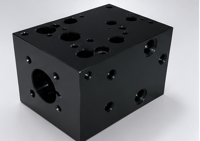 Black anodised hydraulic manifold block